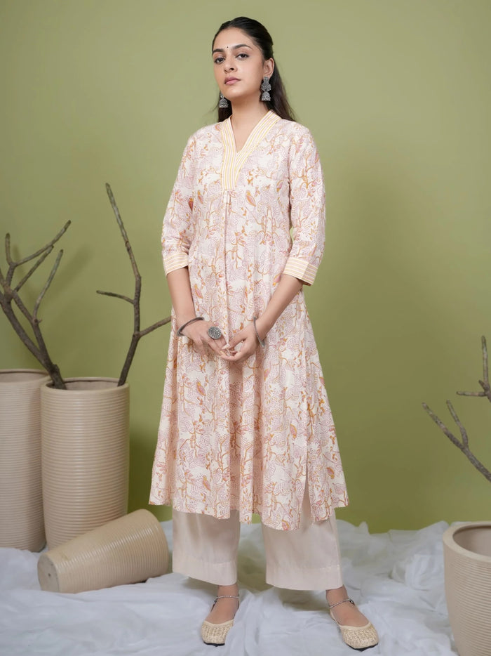 Beige Cotton Handblock Printed Sequence Work V-Neck Women's Kurta