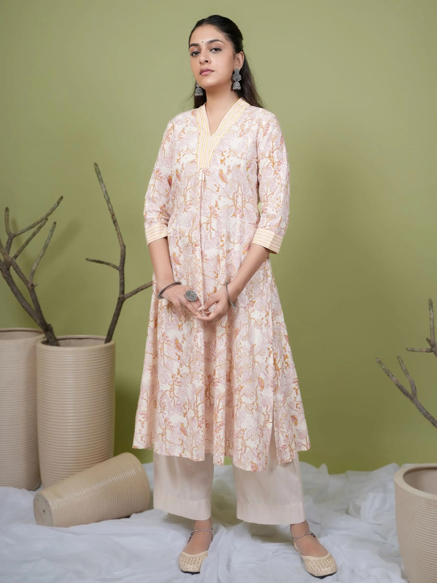 Beige Cotton Handblock Printed Sequence Work V-Neck Women's Kurta