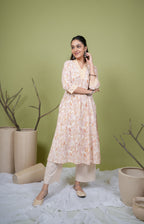 Beige Cotton Handblock Printed Sequence Work V-Neck Women's Kurta