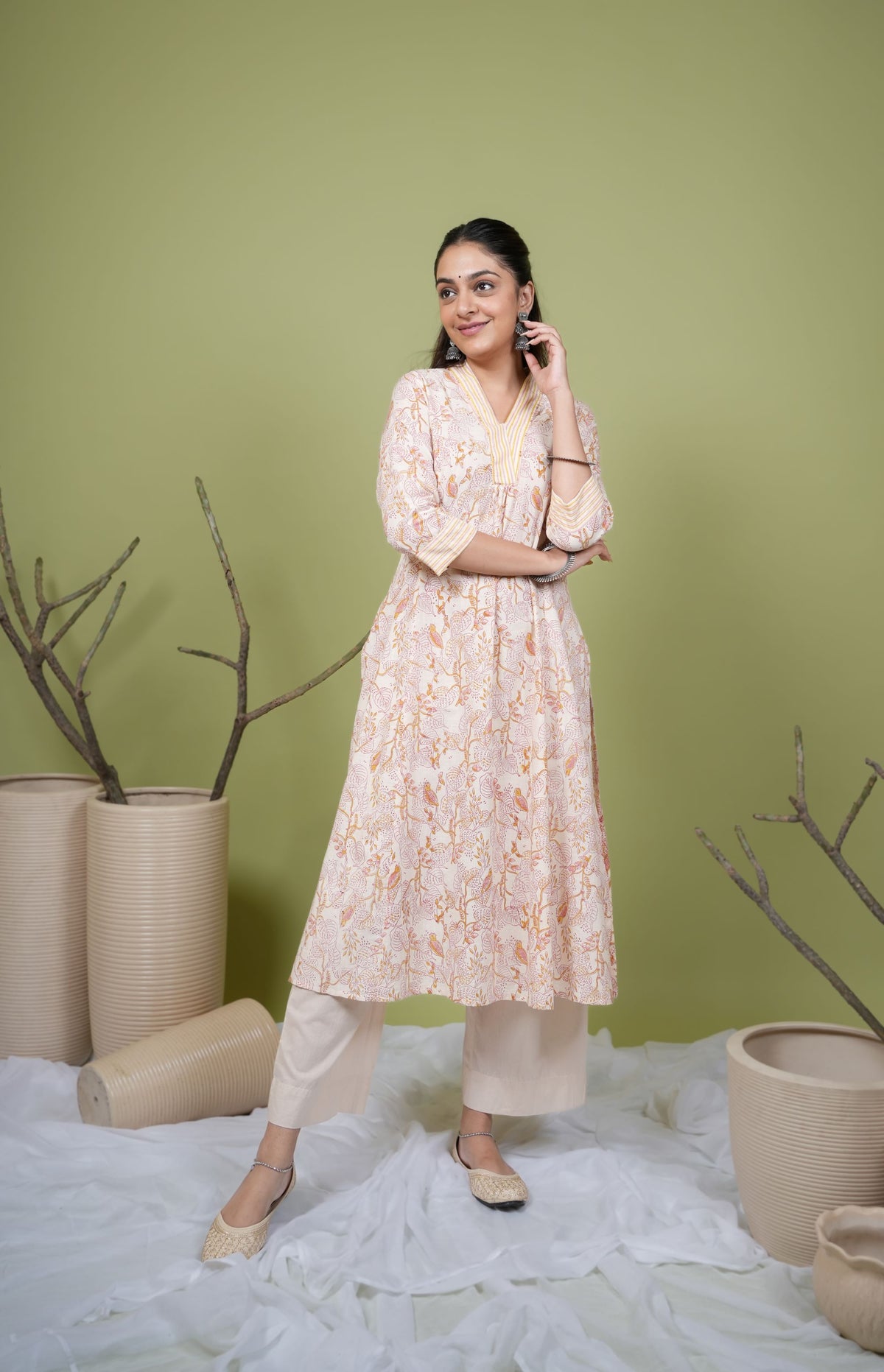 Beige Cotton Handblock Printed Sequence Work V-Neck Women's Kurta