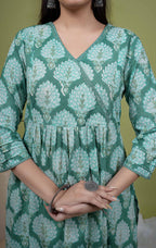 Green Cotton Angrakha Style Handblock Kurta For Women's