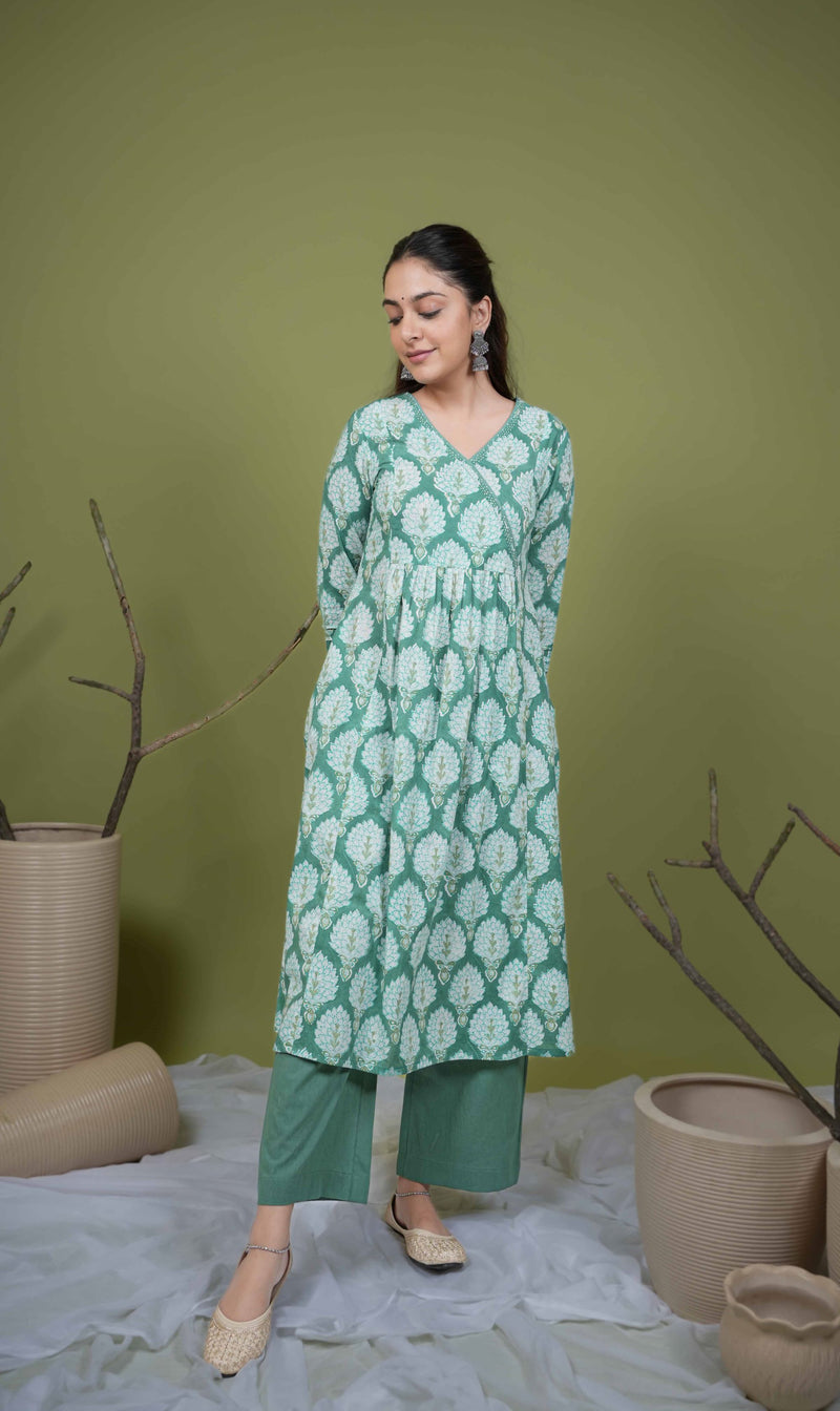 Green Cotton Angrakha Style Handblock Kurta For Women's