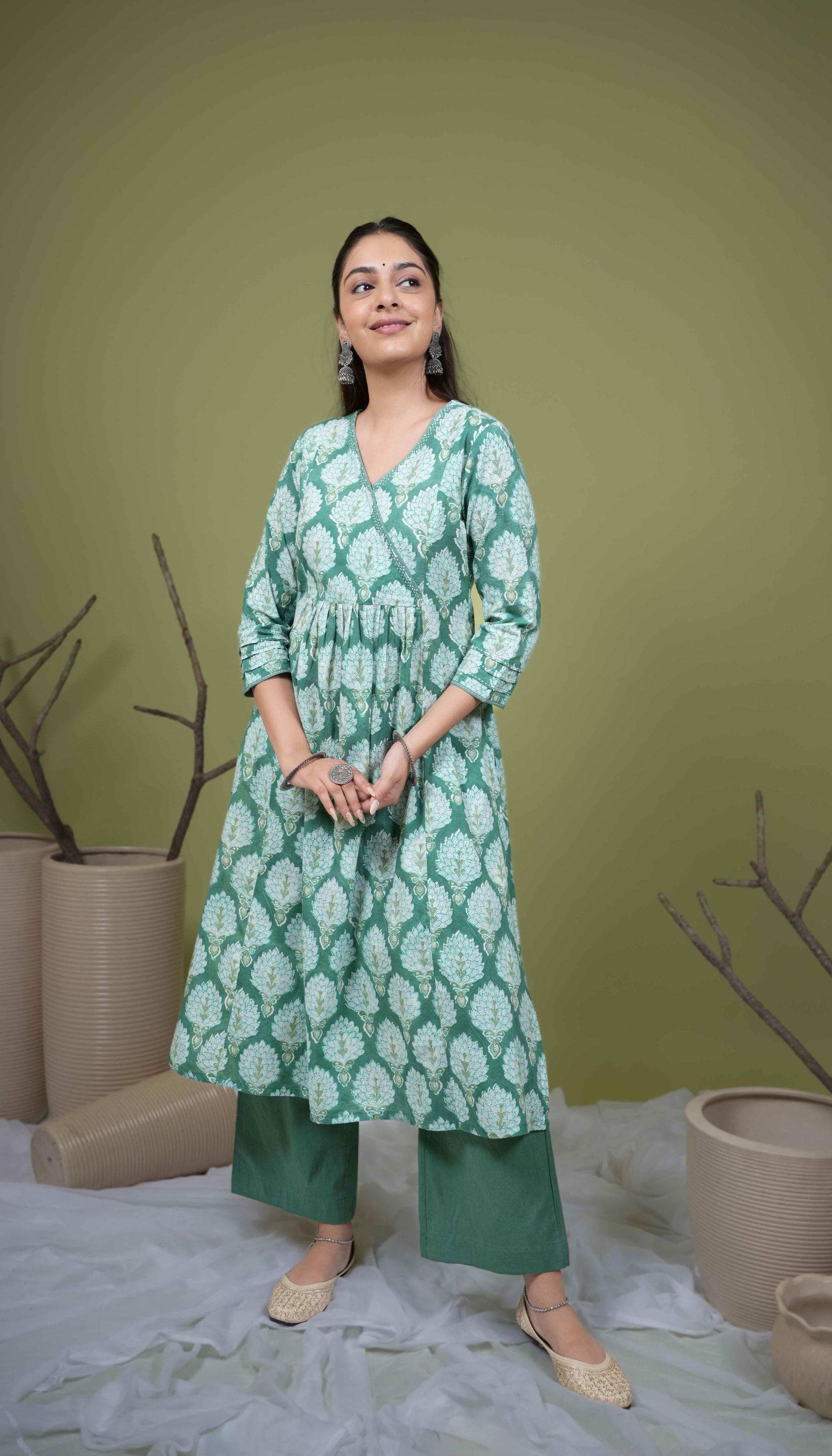 GREEN COTTON ANGRAKHA STYLE HANDBLOCK KURTA FOR WOMEN'S