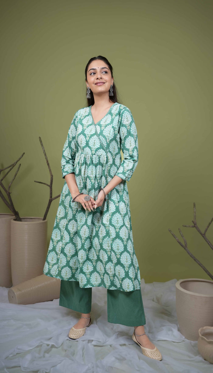 Green Cotton Angrakha Style Handblock Kurta For Women's