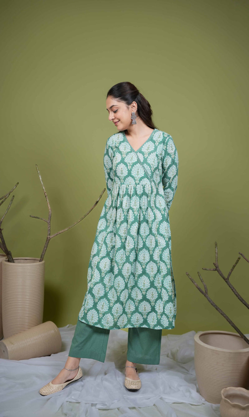 Green Cotton Angrakha Style Handblock Kurta For Women's