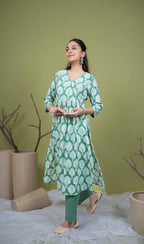 Green Cotton Angrakha Style Handblock Kurta For Women's