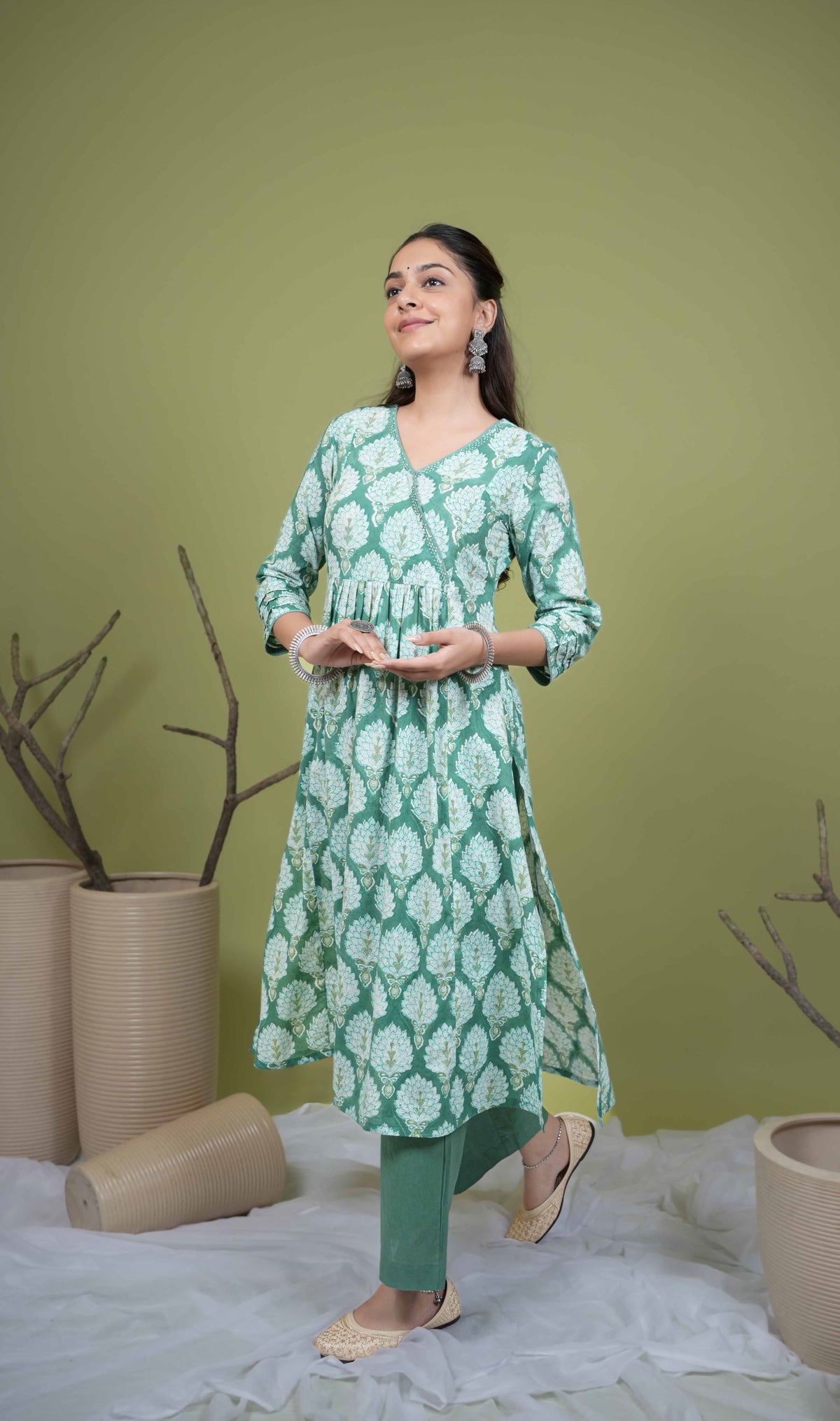 Green Cotton Angrakha Style Handblock Kurta For Women's