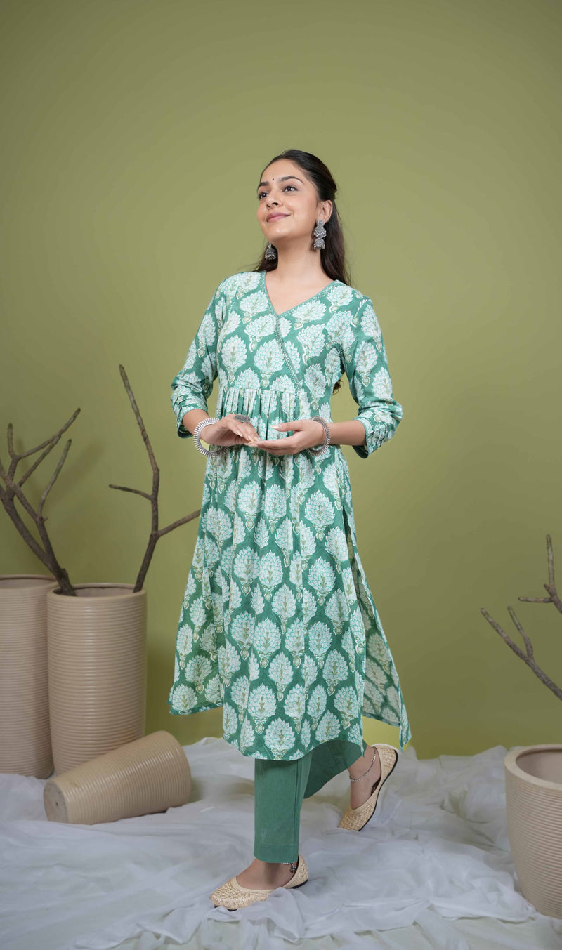 Green Cotton Angrakha Style Handblock Kurta For Women's