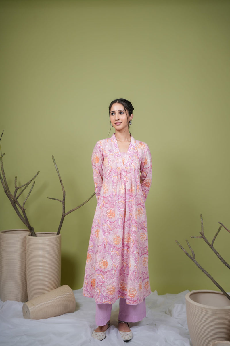 Lavender Cotton V-Neck Handblock Kurta For Women's
