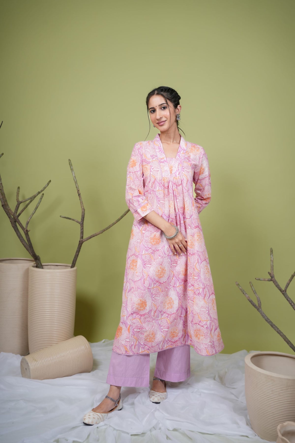Lavender Cotton V-Neck Handblock Kurta For Women's