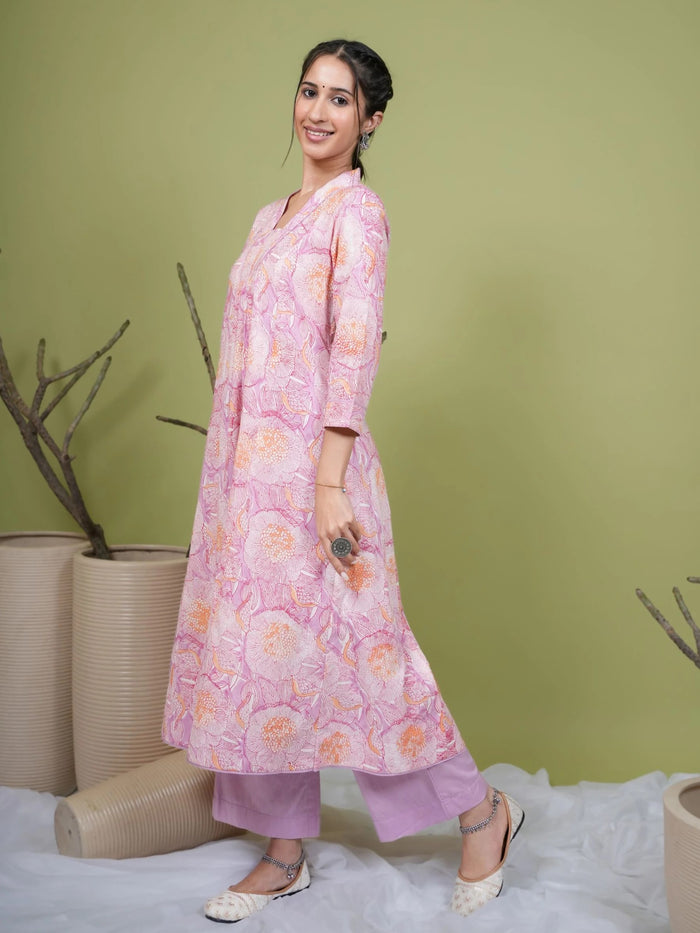 Lavender Cotton V-Neck Handblock Kurta For Women's