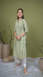 Green Cotton Collar With V-Neck Hand Done Shibori Kurta For Women's