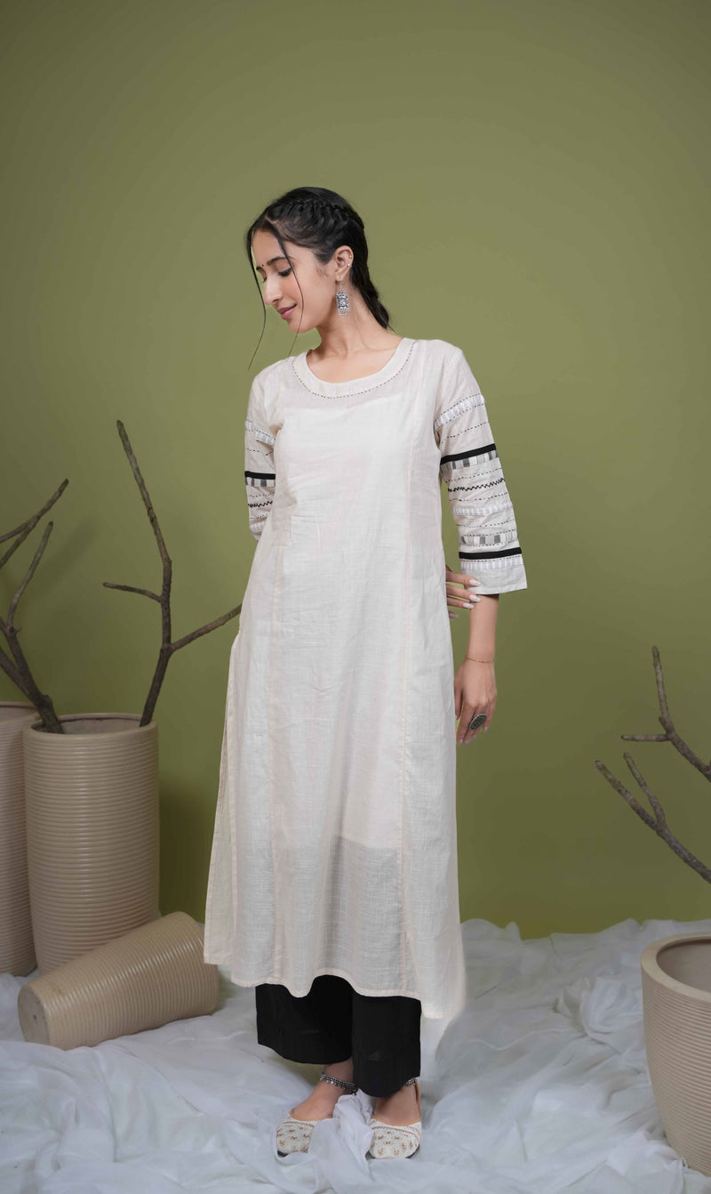 Off White Cotton Slub Round Neck Kurta For Women's