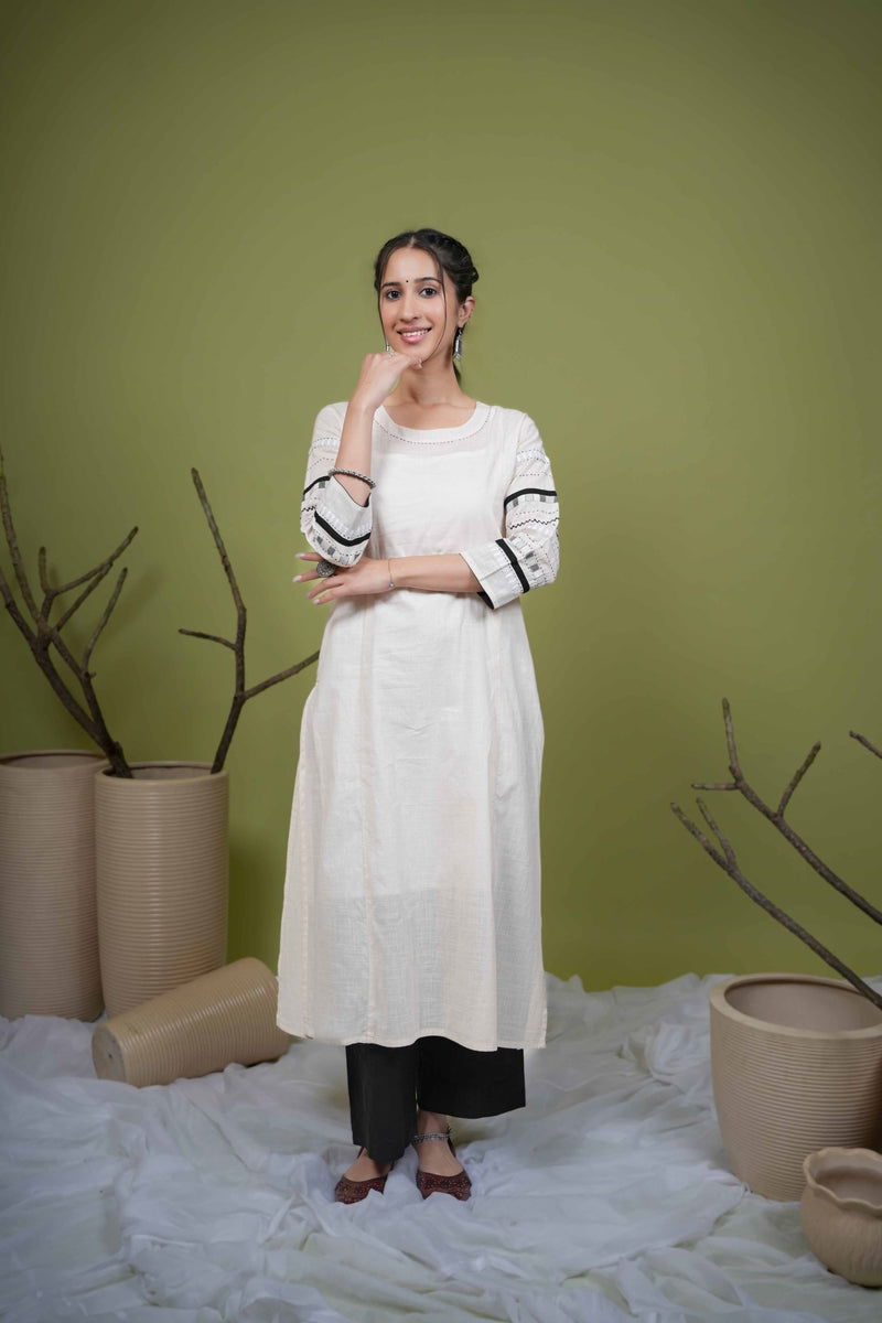 Off White Cotton Slub Round Neck Kurta For Women's