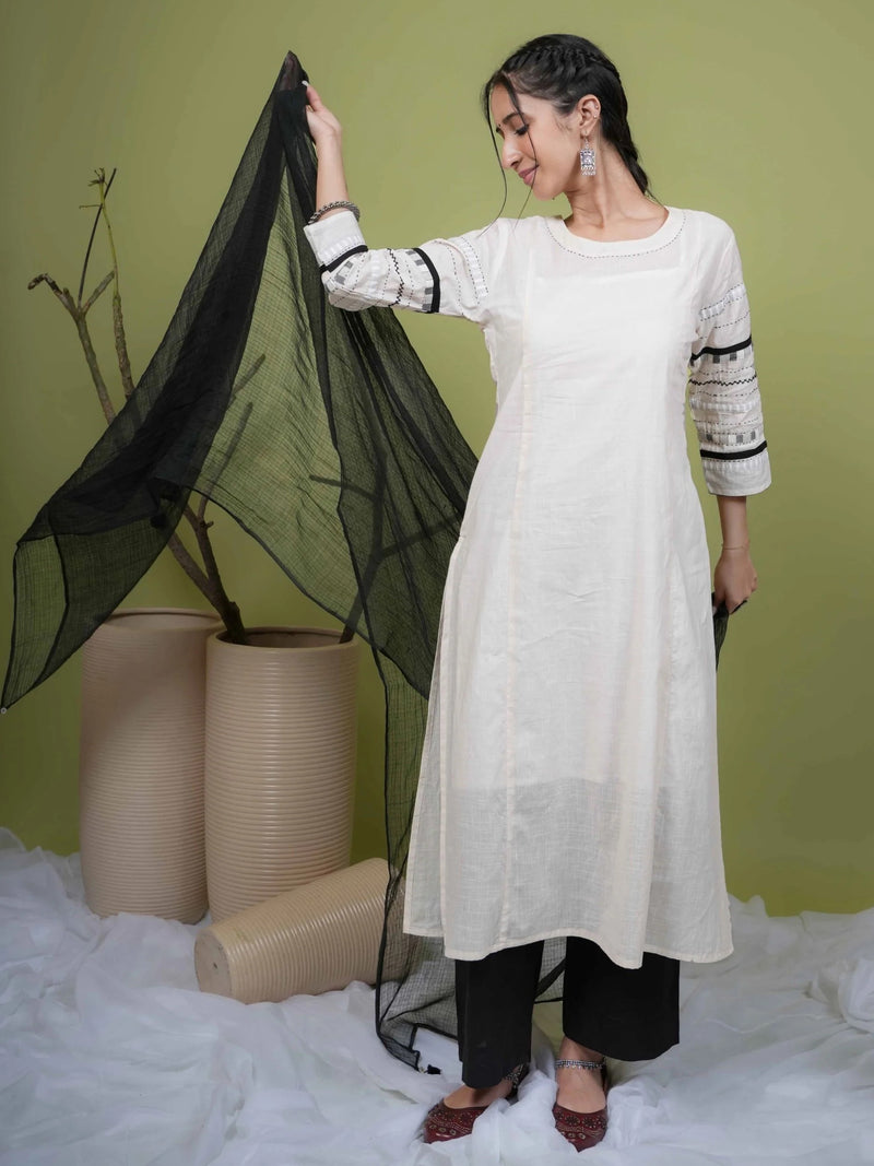Off White Cotton Slub Round Neck Kurta For Women's
