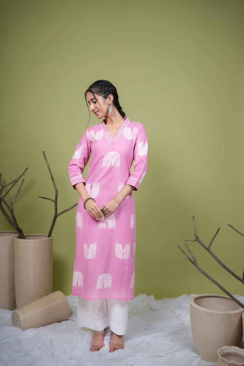 Pink Cotton V-Neck Shibori Kurta for Women's