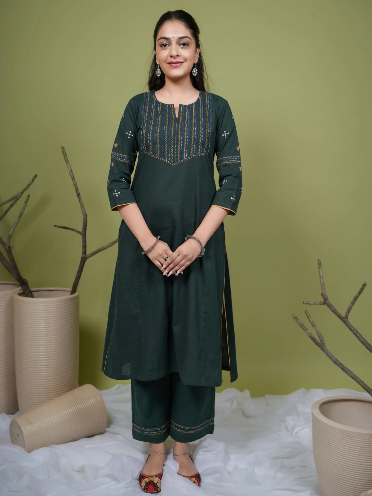 Dark Green Cotton Flax Round With Small Neck Kurta Pant Set For Women's