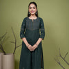 Dark Green Cotton Flax Round With Small Neck Kurta Pant Set For Women's