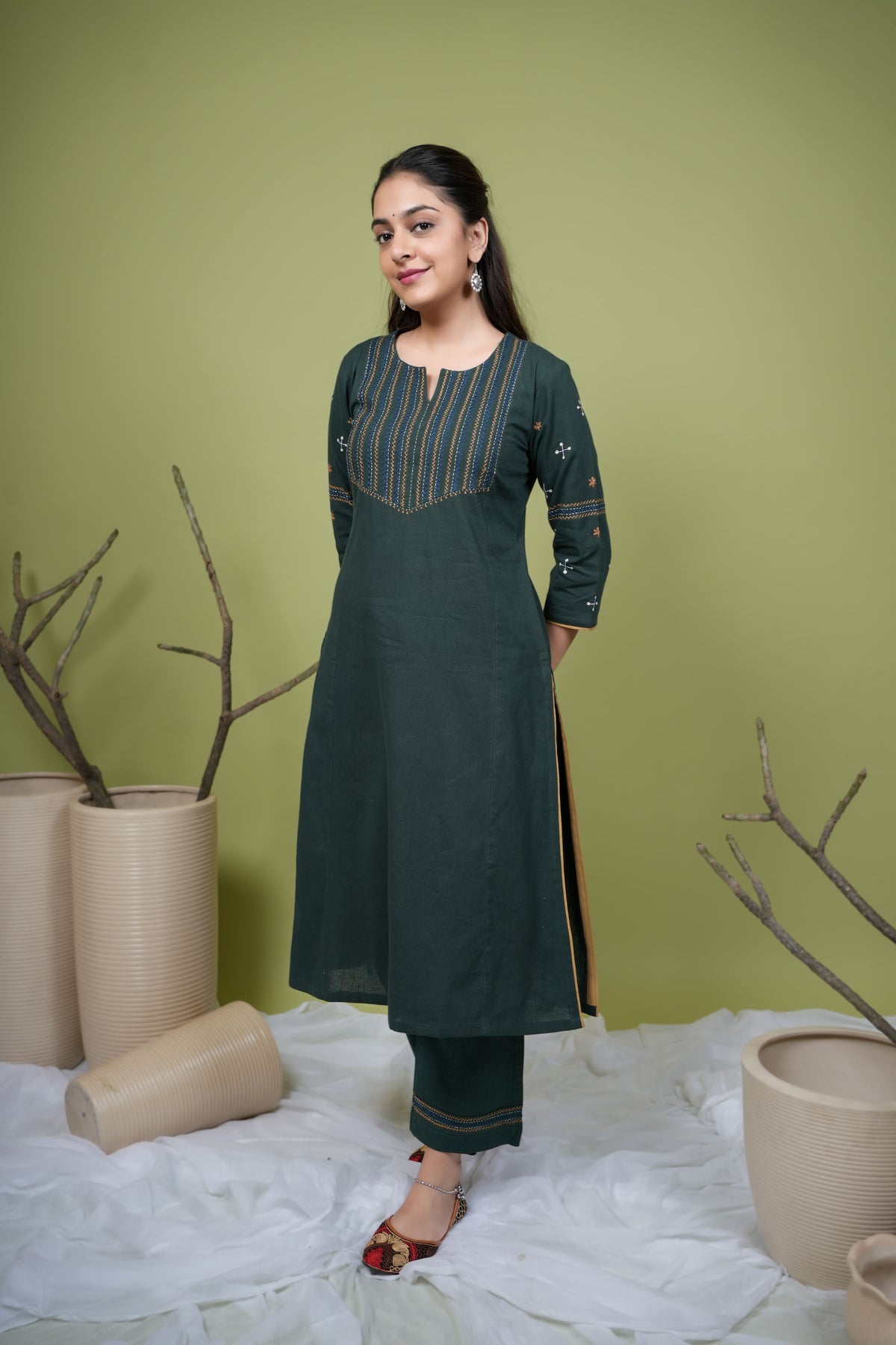 Dark Green Cotton Flax Round With Small Neck Kurta Pant Set For Women's
