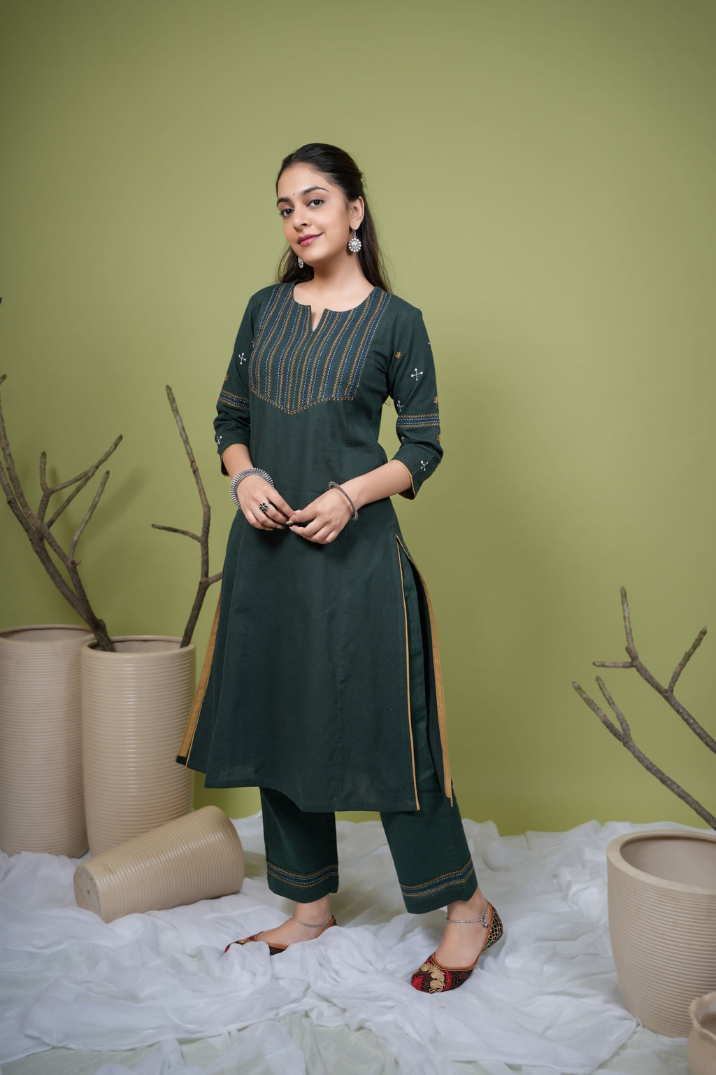 Dark Green Cotton Flax Round With Small Neck Kurta Pant Set For Women's