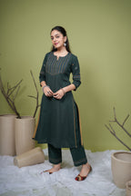 Dark Green Cotton Flax Round With Small Neck Kurta Pant Set For Women's