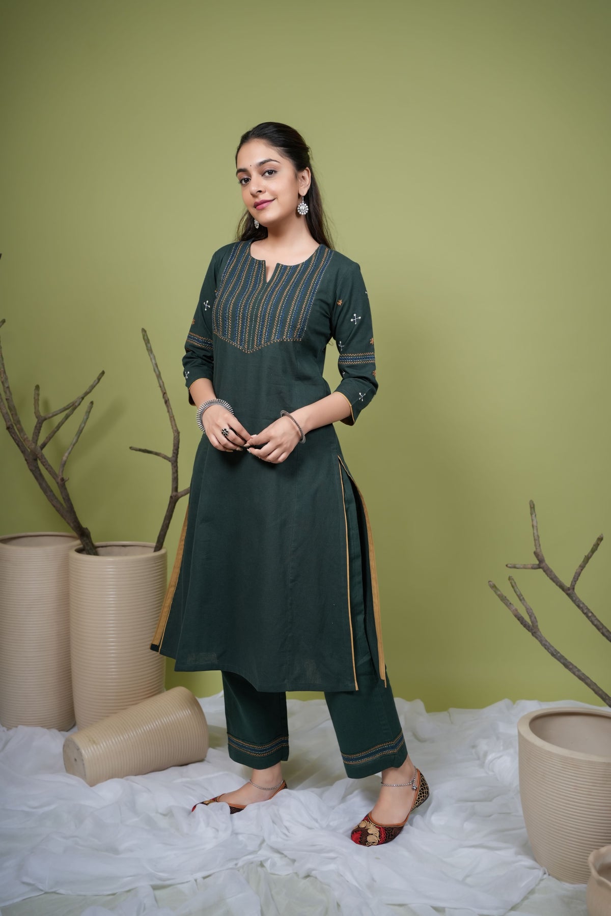 Dark Green Cotton Flax Round With Small Neck Kurta Pant Set For Women's