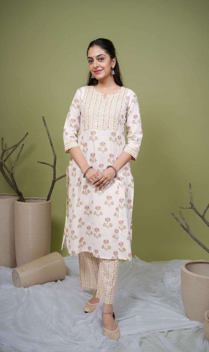 Cream Cotton Floral Printed Sequence & Mirror Work Round with V-Neck Women's Kurta & Pant Set