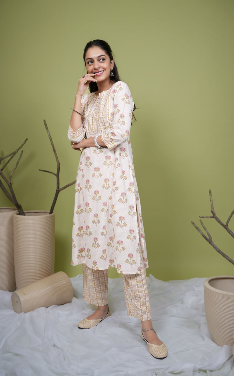 Cream Cotton Floral Printed Sequence & Mirror Work Round with V-Neck Women's Kurta & Pant Set
