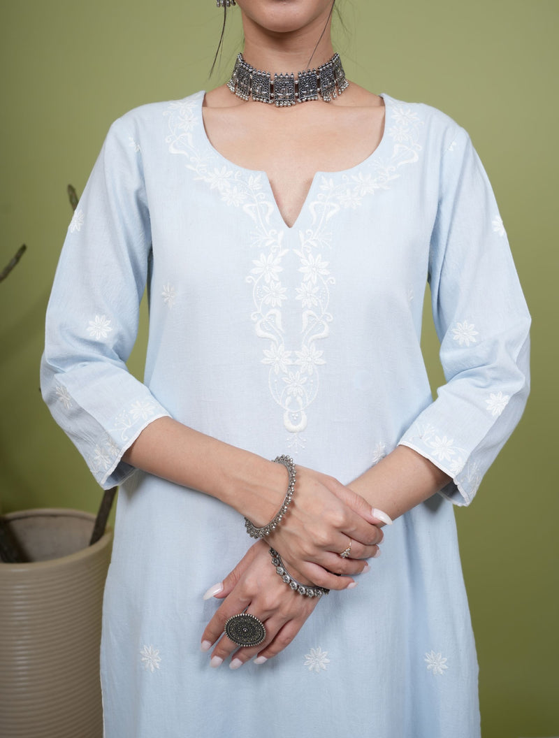 Light Blue Cotton Flax Round Neck Kurta For Women's