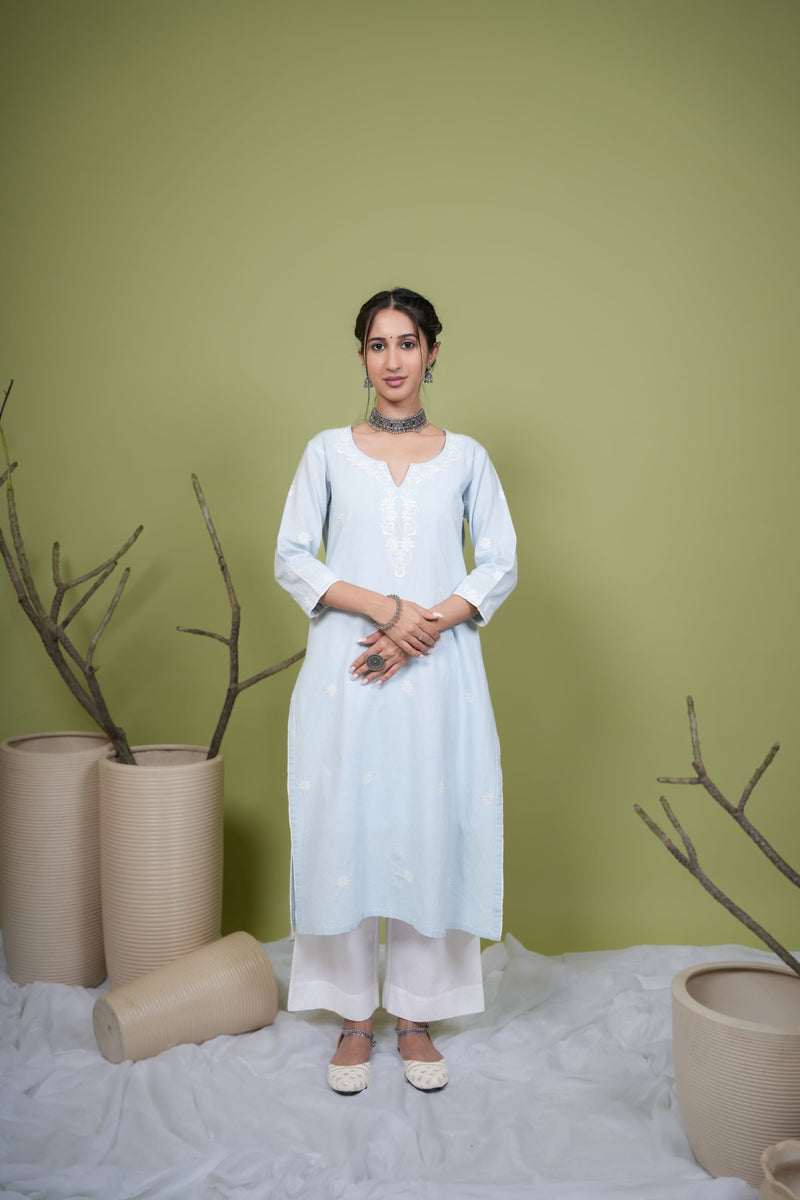 Light Blue Cotton Flax Round Neck Kurta For Women's