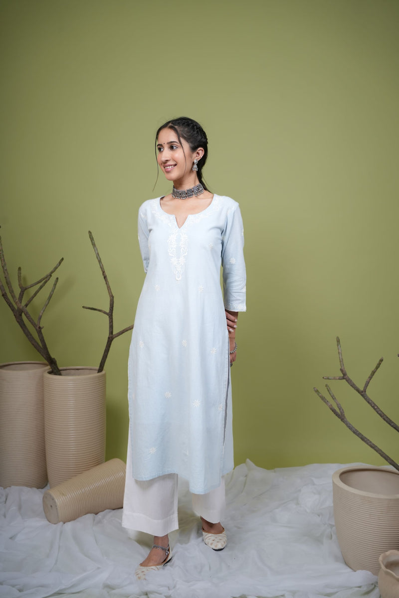 Light Blue Cotton Flax Round Neck Kurta For Women's