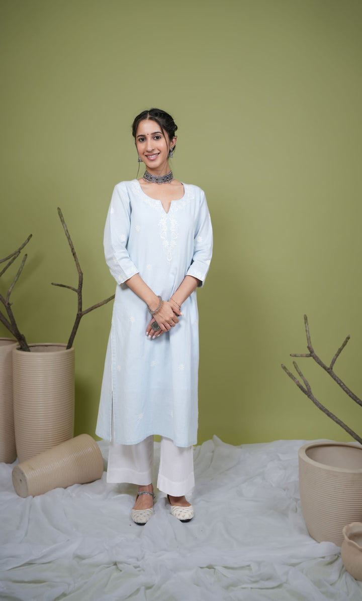 Light Blue Cotton Flax Round Neck Kurta For Women's