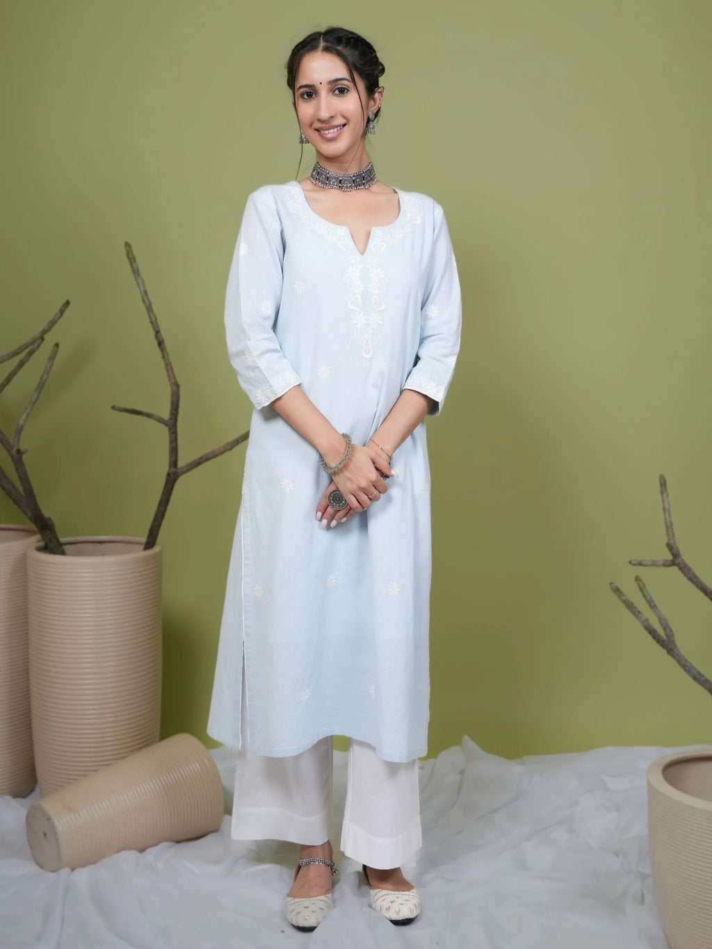 Light Blue Cotton Flax Round Neck Kurta For Women's
