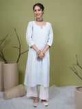 Light Blue Cotton Flax Round Neck Kurta For Women's
