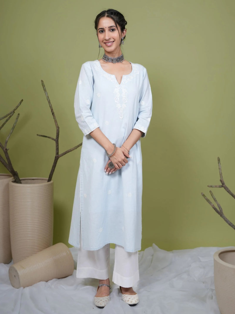 Light Blue Cotton Flax Round Neck Kurta For Women's