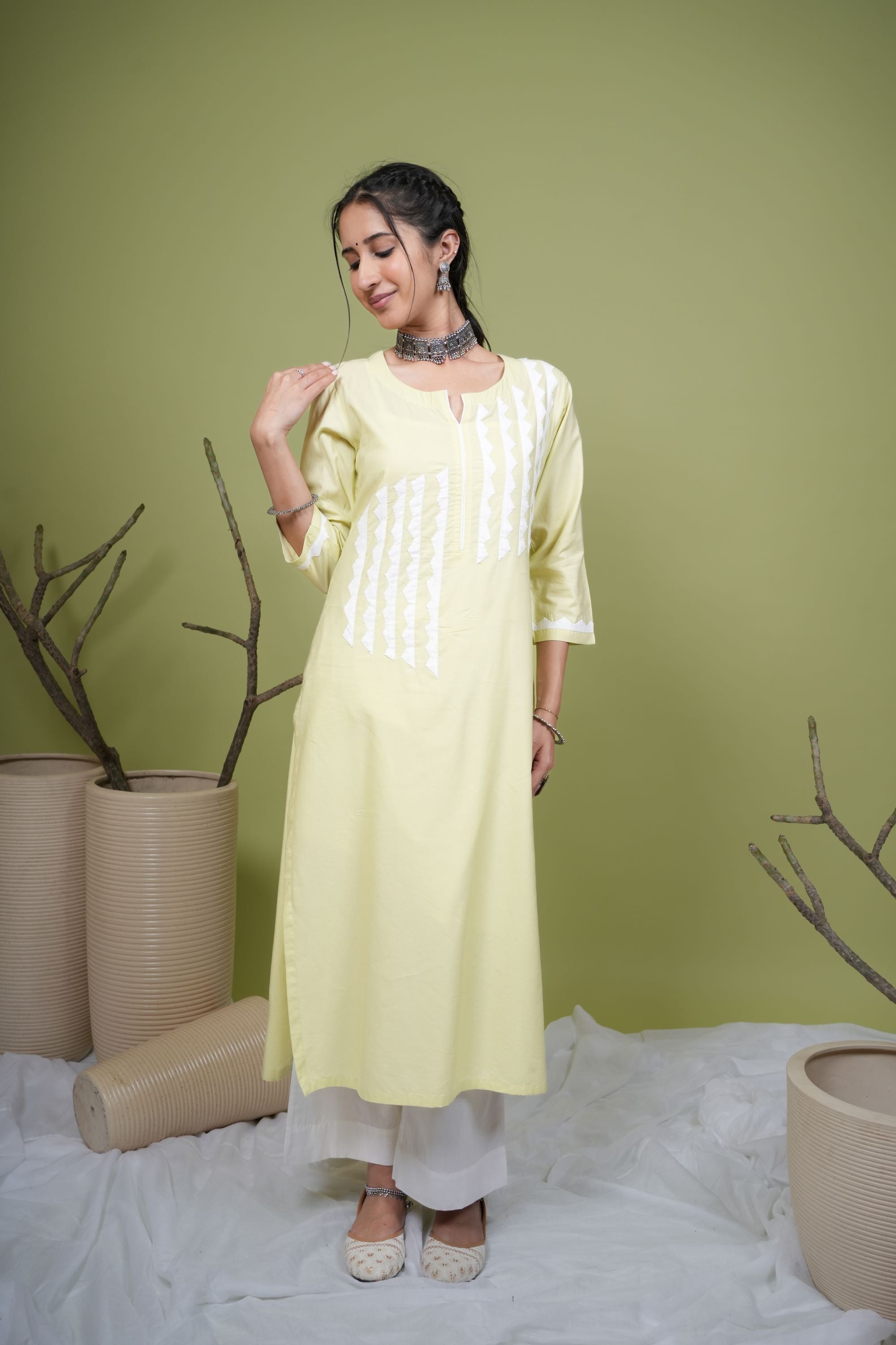 Mint Green Cotton Premium Round With Small V-Neck Kurta For Women's