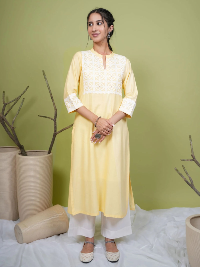 Yellow Cotton Premium Collar with V Neck Kurta For Women's