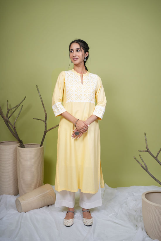 Yellow Cotton Premium Collar with V Neck Kurta For Women's