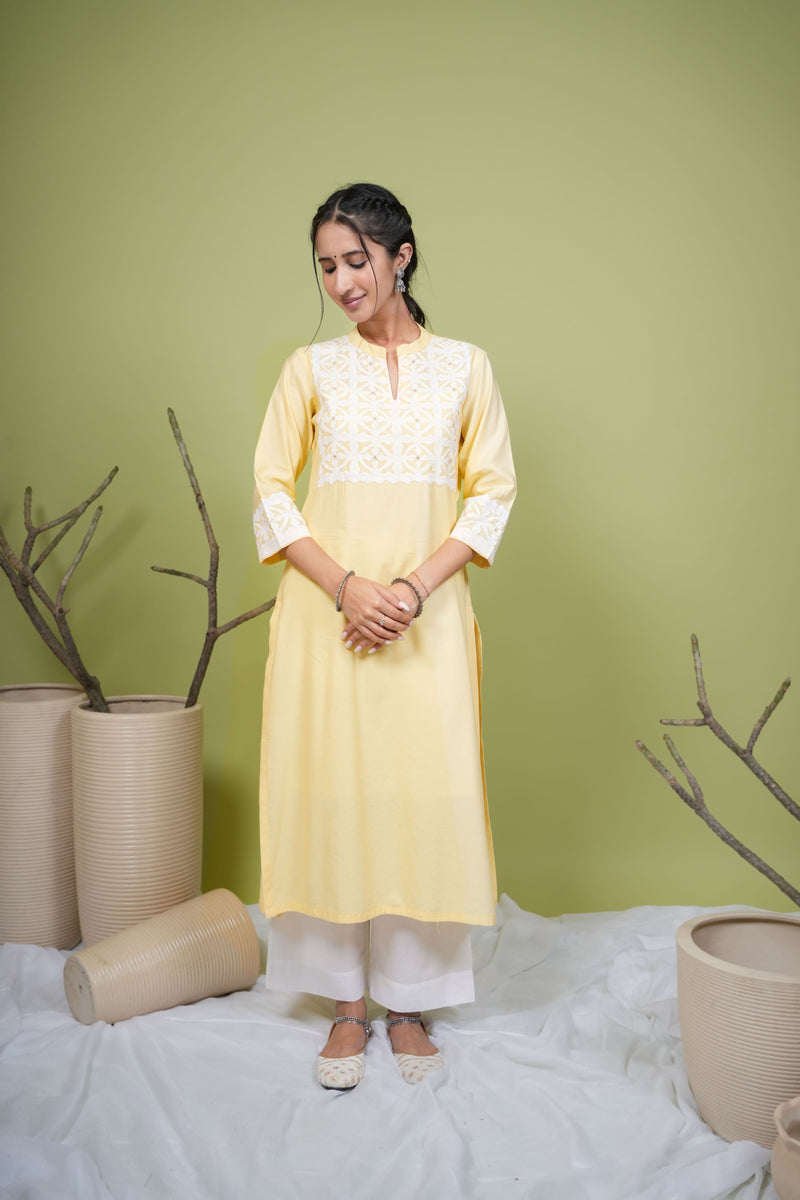 Yellow Cotton Premium Collar with V Neck Kurta For Women's