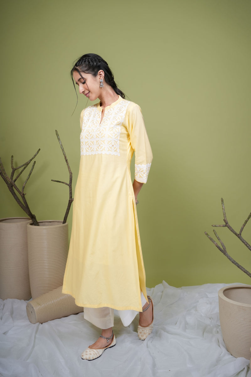 Yellow Cotton Premium Collar with V Neck Kurta For Women's