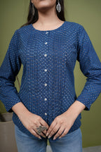 Indigo Cotton Round Handblock Short Top For Women's