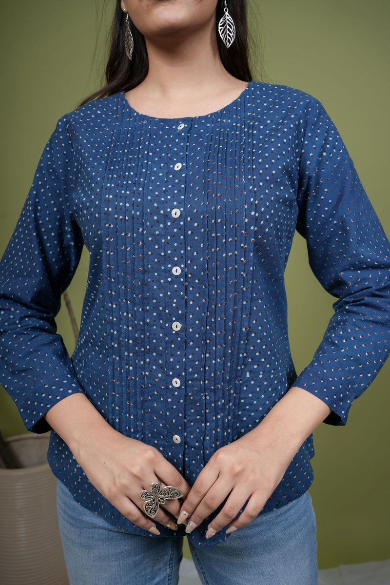 Indigo Cotton Round Handblock Short Top For Women's