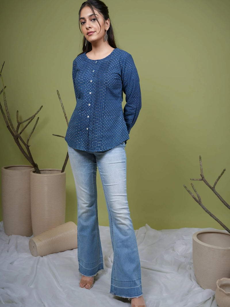 Indigo Cotton Round Handblock Short Top For Women's