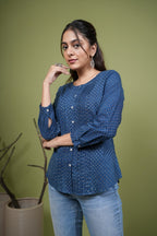 Indigo Cotton Round Handblock Short Top For Women's