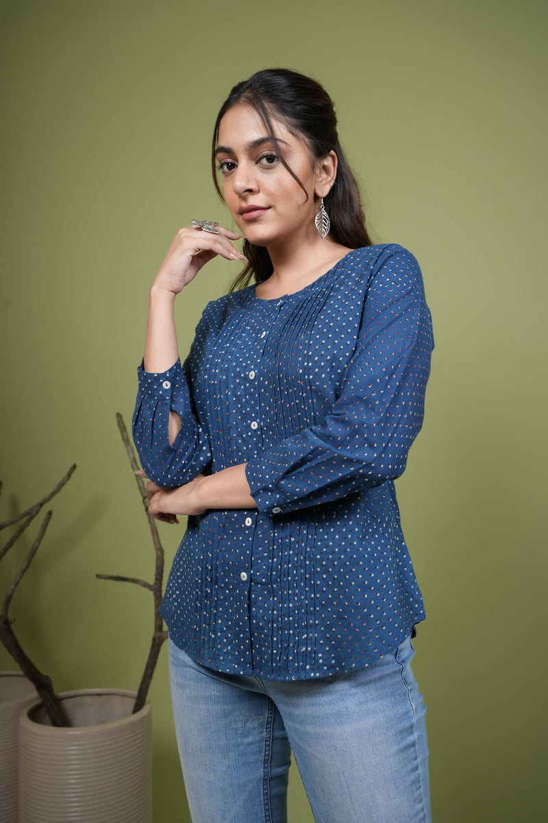 Indigo Cotton Round Handblock Short Top For Women's