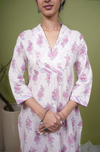 White With Pink Flower Print Kurta For Women's
