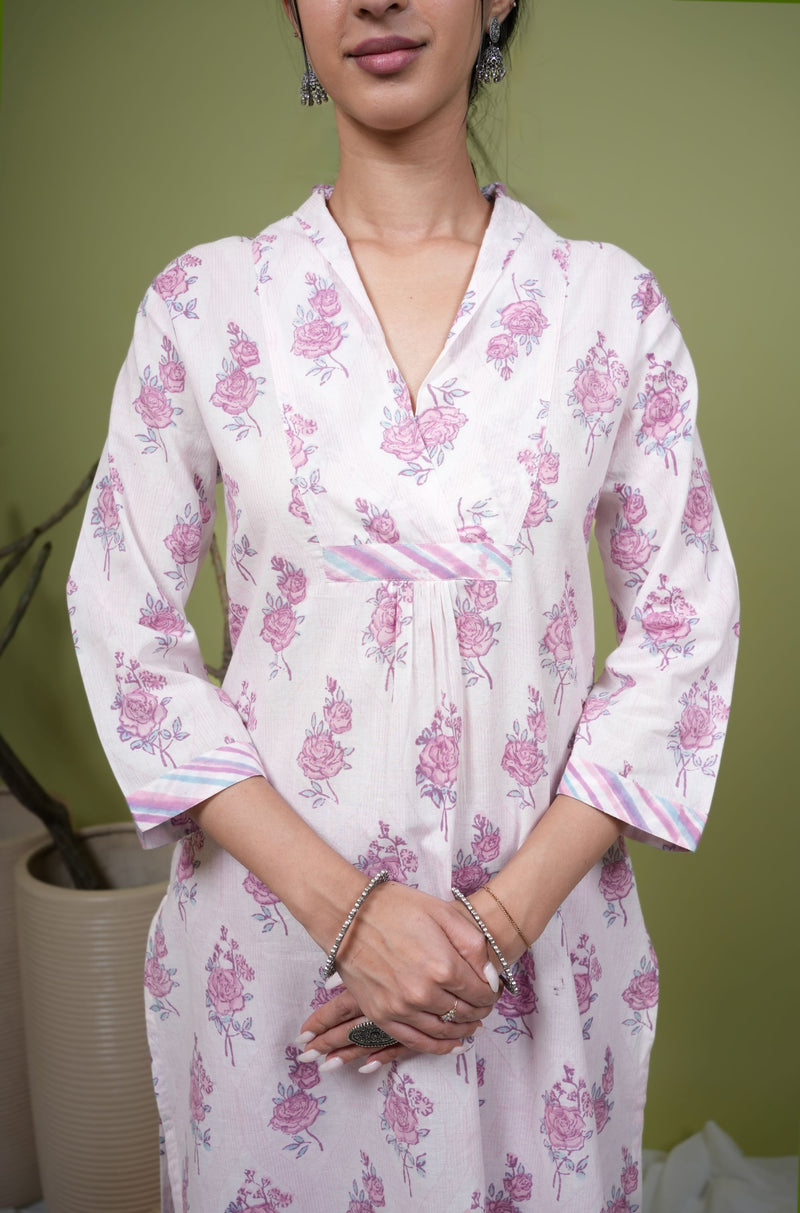White With Pink Flower Print Kurta For Women's