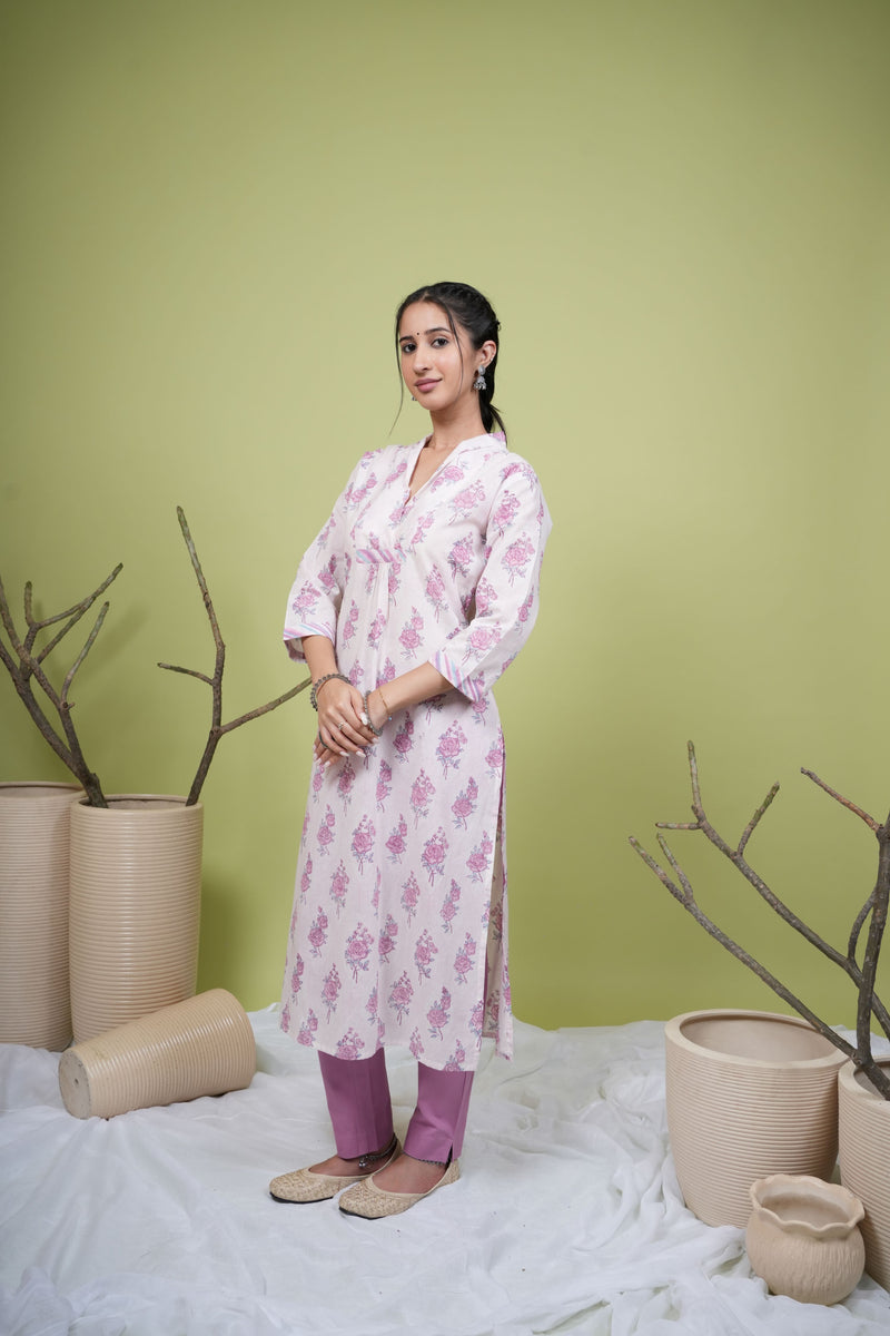 White With Pink Flower Print Kurta For Women's