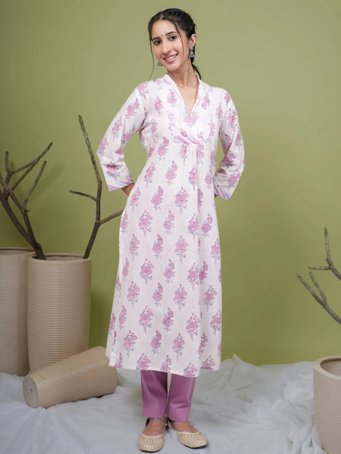 White With Pink Flower Print Kurta For Women's