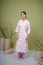 White With Pink Flower Print Kurta For Women's